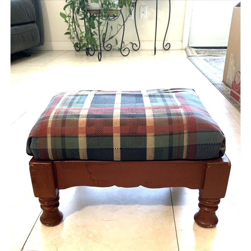 VTG Queen Anne‑Style Wooden Footstool Plaid Tapestry 13”x11”x10” Era 1970s-2000s